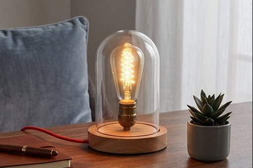 Nordic Wooden Table Lamp – Vintage Glass Shade Bedside Light