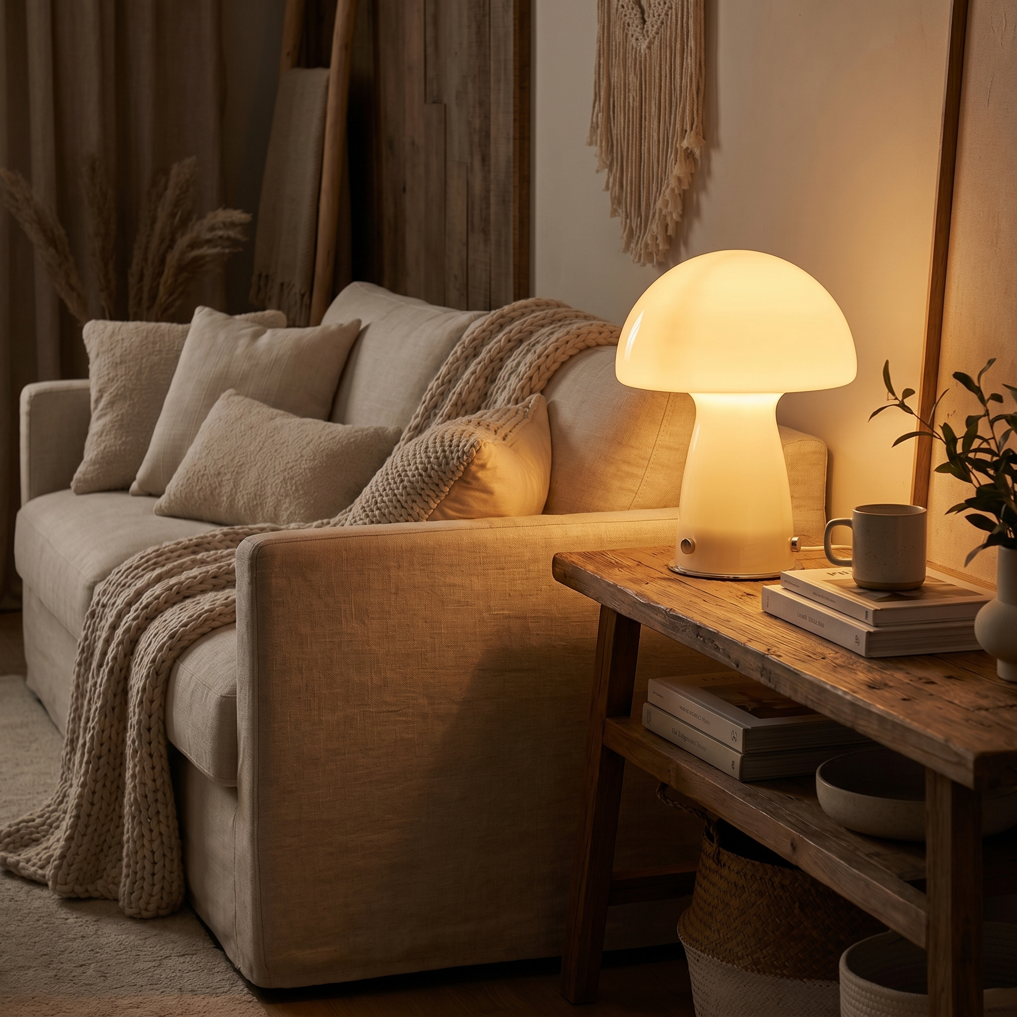 Mushroom lamp as the warm light source in a dim modern living room