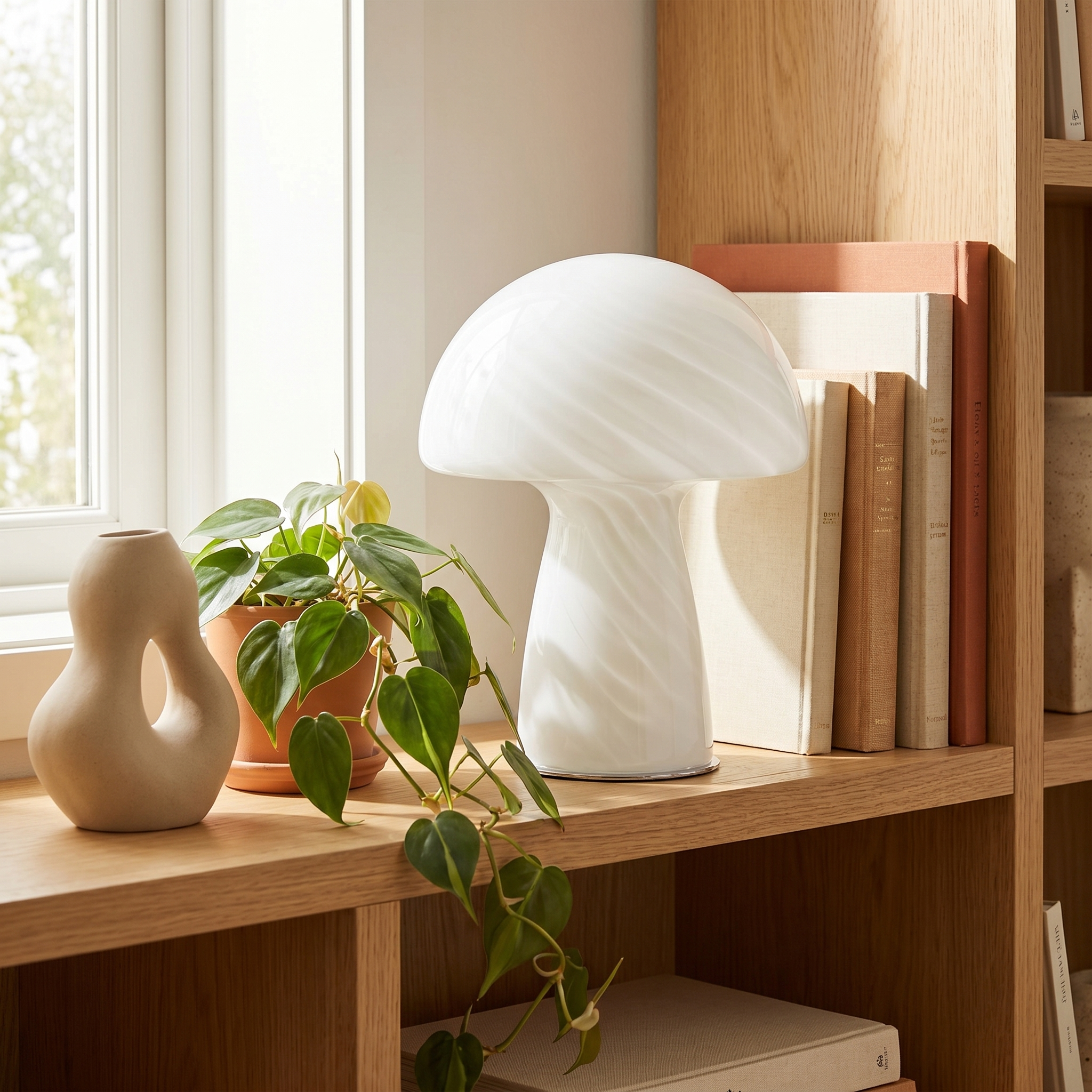 Lamp styled on a shelf, switched off
