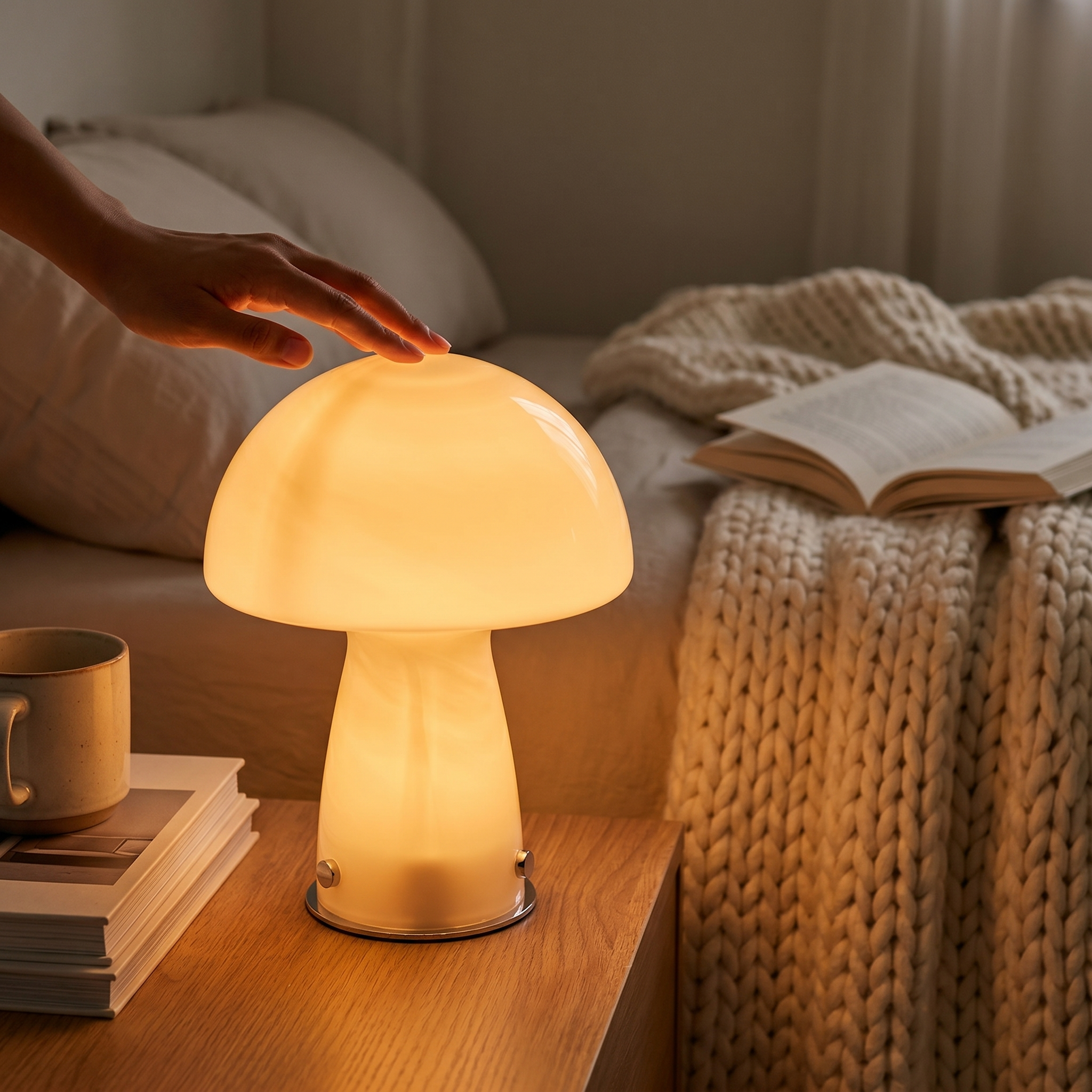 Hand tapping a glowing lamp at night