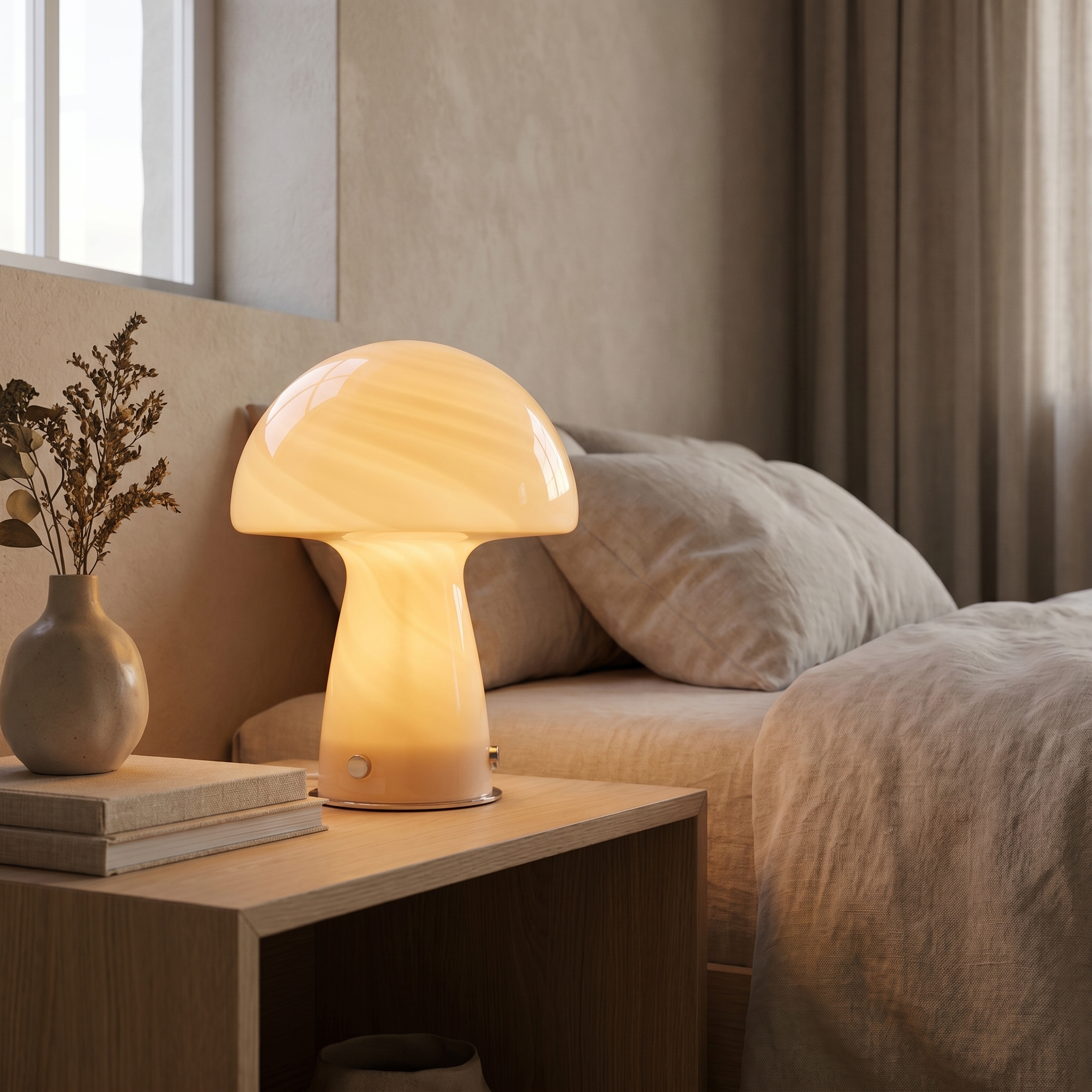 Warm lamp on a bedroom nightstand
